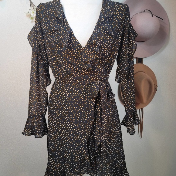 LUCY PARIS POLKA DOT WRAP RUFFLE MINI DRESS LONG SLEEVE WOMEN'S SIZE SMA… - Picture 2 of 12